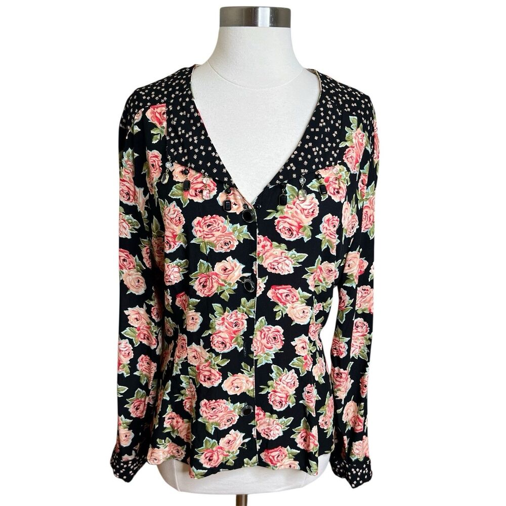 3/$25 VTG Carol Little Button Down Top Womens 12 Black Pink Floral Beaded